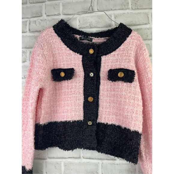 NEW BEULAH FUZZY EYELASH CARDIGAN PINK & BLACK SIZE Small - Picture 4 of 6